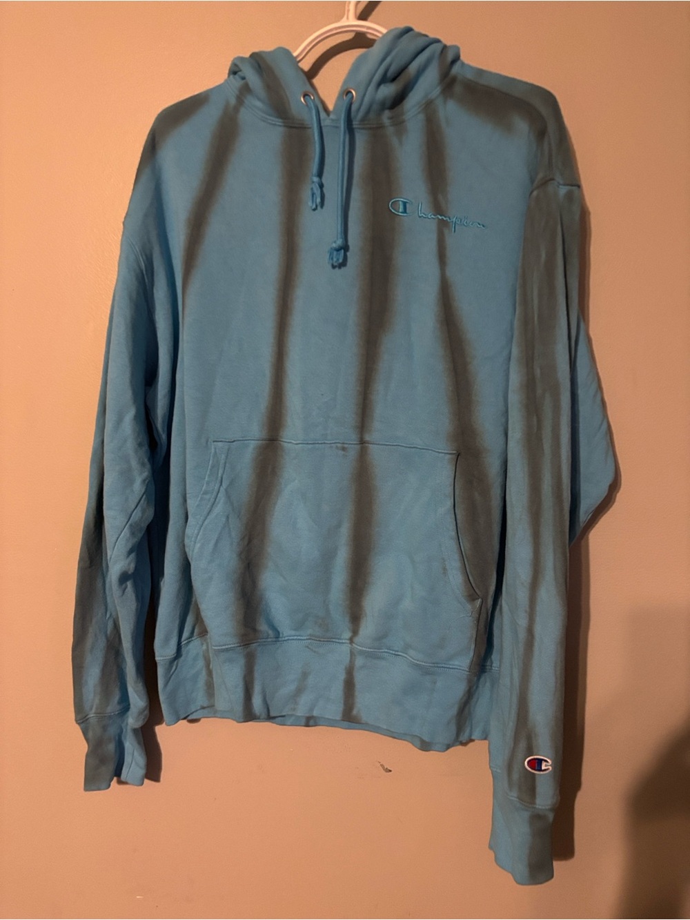 Champion Men's Light Blue Pullover Hoodie with black stripes